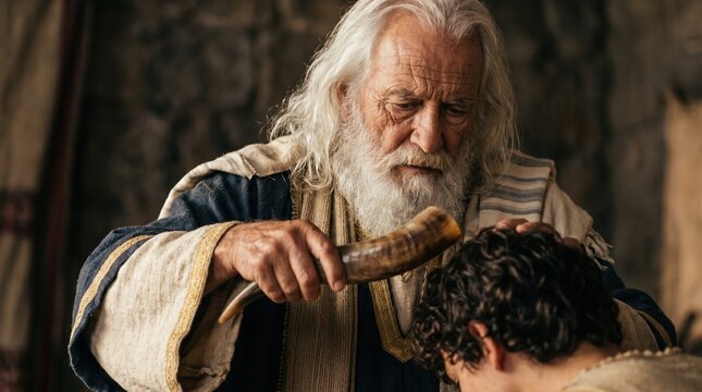Prophet Samuel anointing young David as king. Biblical scene of coronation with oil horn. Old Testament history