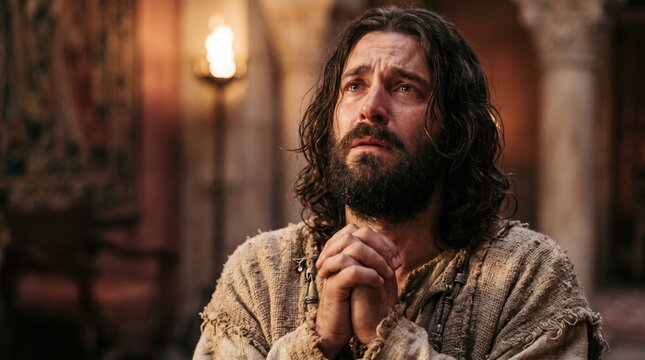 Judah pleading for his brother Benjamin. Biblical scene of Jacob's son crying with clasped hands in Egypt. Old Testament story