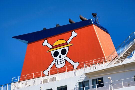 Official ONE PIECE collaboration funnel displaying the Straw Hat Pirates Jolly Roger on MOL Ferry Co., Ltd. SUNFLOWER FURANO (IMO 9761542) Ro-ro passenger ferry in Ibaraki Prefecture, Japan