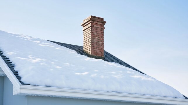 Residential roof covered in snow with brick chimney against clear sky, showing winter weather and home insulation