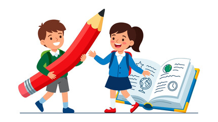 Happy school children holding a giant red pencil next to a large open textbook for education