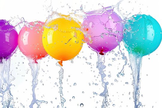 A vibrant row of colorful balloons bursts as water cascades, creating a dynamic and playful scene.