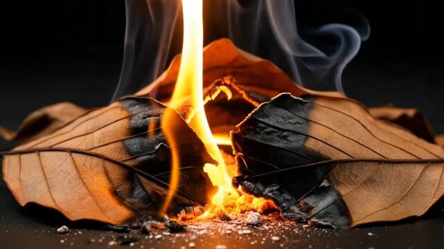 Dry autumn leaves ablaze with intense fire and smoke, symbolizing the ephemeral nature of seasons and the destructive power of flame