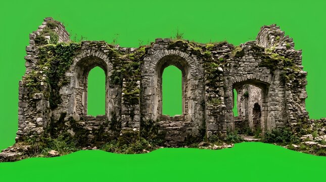 Ancient crumbling stone castle wall with arched windows and green moss overgrowth