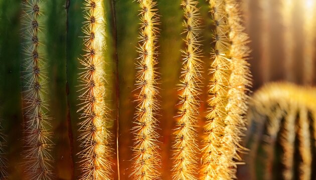 Sunlit Cactus Spines On Vertical Ribs With Selective Focus