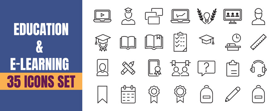 Education elearning icons set, outline clean minimal stroke vector icons pack, online course student teacher learning school ui icon set modern clean high contrast editable icons pack