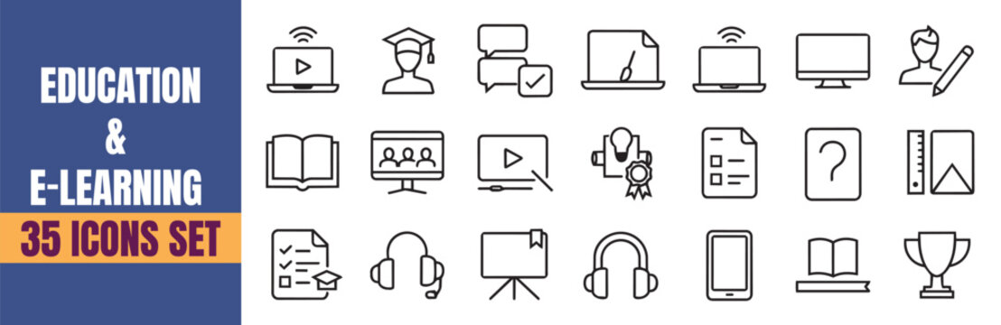 Education and e-learning icon set with various related symbols including laptop, graduation cap, book, computer monitor, person, and more