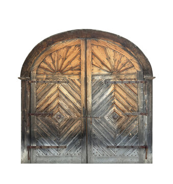 Old wooden rustic door isolated on white background with clipping path