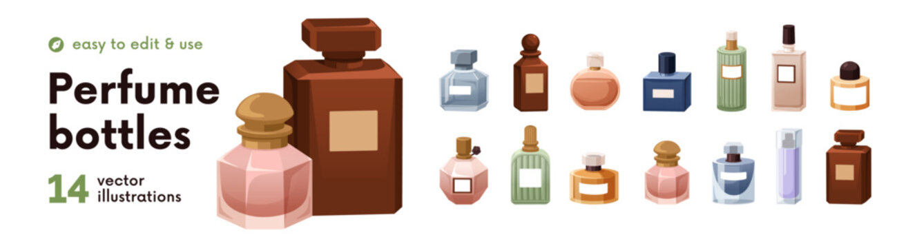 Perfume bottles set. Glass fragrance jars. Different scents, aroma cosmetic products in vials, flasks. Chic odor, parfum collection. Flat vector illustrations isolated on white background