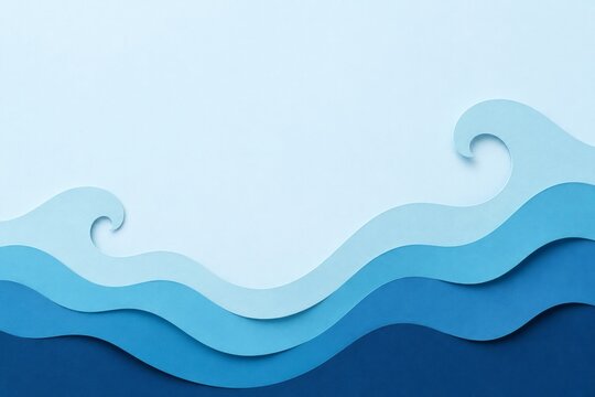 Abstract Blue Paper Cut Ocean Waves Background with Layered Curves