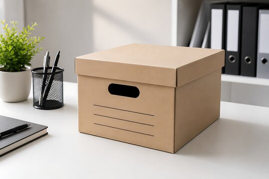 Cardboard archive box on white office desk