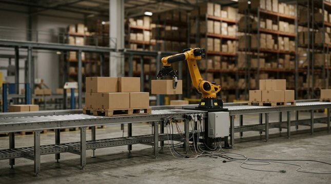Failed supply chain AI integration with stopped conveyor, disconnected sensor cables, paused robotic arm, and boxed goods in a quiet fulfillment bay.