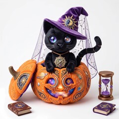 Black cat wearing wizard hat sitting in carved pumpkin. Magical creature with galaxy eye symbolising Halloween and astrology. Fantasy mystical concept with hourglass and spell book. © Akry