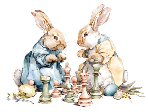 Easter bunnies playing chess with pastel pieces and decorative eggs
