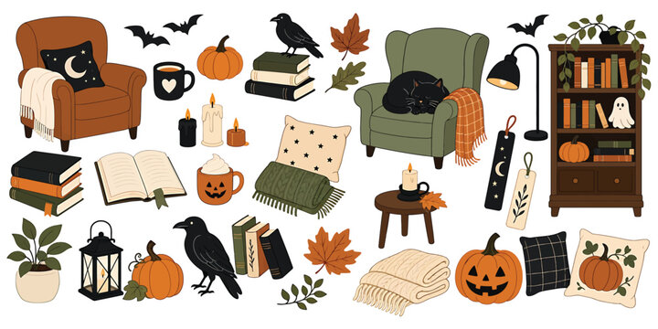 Cozy autumn reading nook elements set, fall season illustrations with pumpkins, books, armchairs, black cat, crow, candles, blankets and leaves