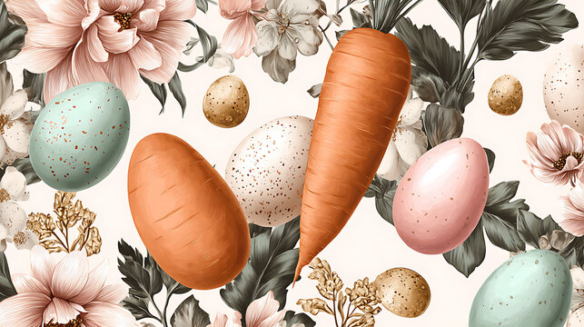 Spring Easter celebration with colorful eggs and fresh carrots among soft flowers