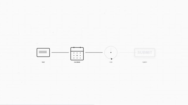 Animated UI Booking Form Workflow with Text, Calendar, Time, and Submit Icons