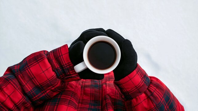 Gloved hands warming around a hot coffee mug, enjoying a cozy winter break on a fresh snowy day