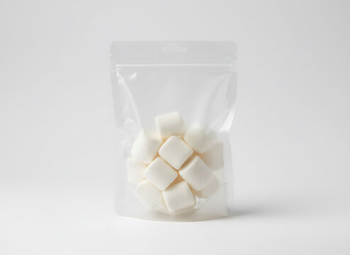 Marshmallows in blank transparent food packaging on a white studio backdrop