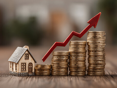 Miniature house and rising coin stacks symbolize property investment growth