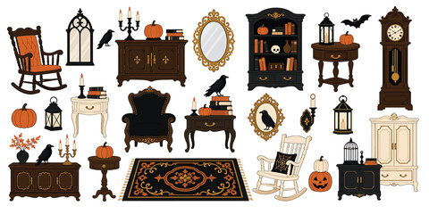 Set of vintage gothic furniture and halloween decor elements, including rocking chairs, armchairs, grandfather clock, pumpkins, ravens, lanterns, mirrors, and rugs © PixelAura_Studio