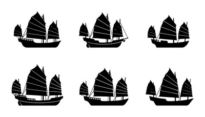 Set of 6 Black Silhouette Junk Boats, Traditional Asian Sailing Vessels, Maritime Travel Icons, Nautical Transportation Graphics, Vintage Sea Craft Collection © AllDesign
