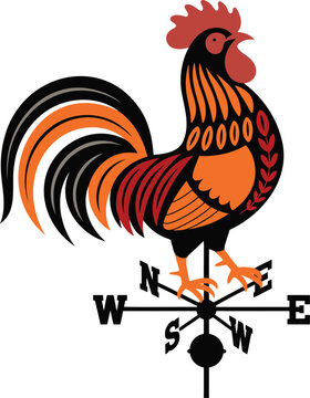 Ornate rooster weather vane in vibrant colors and intricate details standing on a compass point indicator