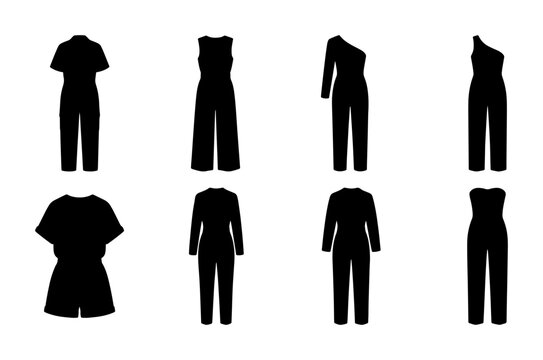 Fashion Silhouette Collection: 8 Black Jumpsuits and Rompers Vector Icons, Versatile Apparel Styles for Design