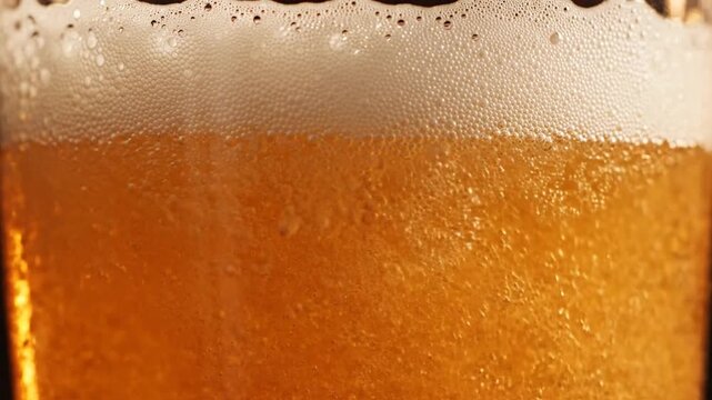 Golden Beer Bubbles Rising in Glass with Foam Head, Refreshing Drink Close-up