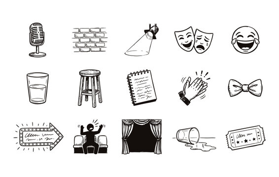 Stand up comedy and stage performance icon collection showcasing theater entertainment humor symbols comedian gear and live show accessories