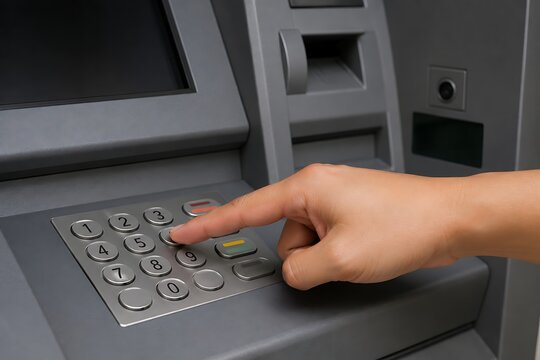Hand pressing buttons on ATM keypad