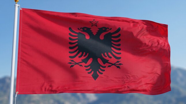 Red banner with black double‑headed eagle and yellow star rises against clear sky, symbolizing Albania&rsquo;s socialist era, resilience, and political identity rooted in history.