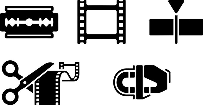 Video and Film Post Production Editing Icon Set with Razor Blade Movie Strip Scissors Trim Split and Reel Splicer Silhouette Symbols