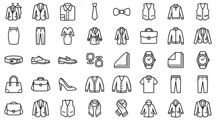 Fototapeta premium Minimalist Business Attire Line Icon Set Collection Corporate Office Clothing Accessories Monochrome Outline Vector Transparent Background