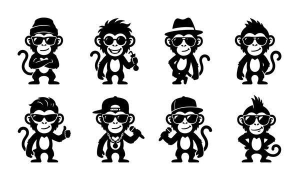 Cool Monkey Characters, Vector Icons Set: Stylish Apes with Sunglasses, Hats, and Microphones for Hip Hop and Urban Themes