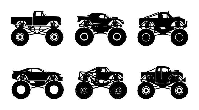 Monster Truck Silhouettes Collection, Rugged Off-Road Vehicle Icons, Extreme Sports Transportation Graphics, Black and White Vector Set