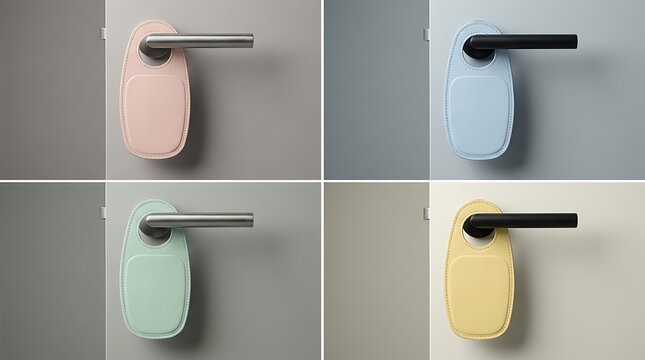 Four door handles with blank pastel-colored door hangers, offering a clean and customizable template for various messages or branding.