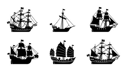 Vintage Sailing Ship Silhouettes, Set of 6 Nautical Vessels, Classic Maritime Fleet Icons for Historical Design © Shakib