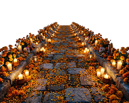 Celebration of life and death during Day of the Dead with candles and marigolds in the center of the path