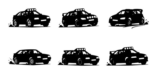 Rally Cars Silhouette Collection, Off-Road Vehicle Icons, Sports Car Graphics, Adventure Driving Vector Set © Shakib