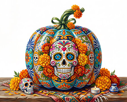 Bright colors and decorations for Day of the Dead celebration with pumpkin and sugar skulls