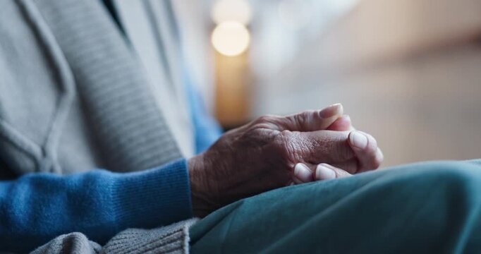 Hands, anxiety and senior woman in nursing home with worry, concern and nervous for diagnosis. Retirement, facility and person with memory loss, anxious and overwhelmed for dementia or Alzheimers