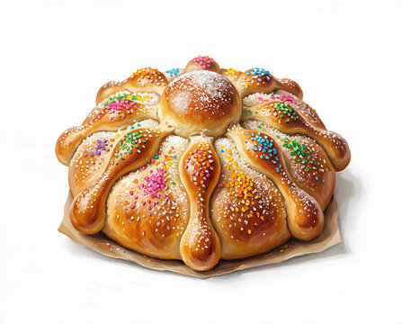 Celebration of Day of the Dead with colorful bread in a special shape