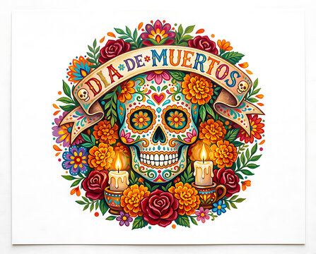Colorful decorations for Day of the Dead celebration with a skull and flowers