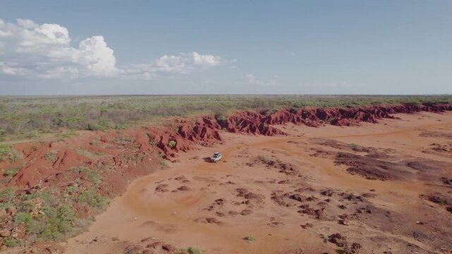 Visiting Red Pindan Terrain and Sandy Track at James Price Point Dampier Peninsula Australia, Aerial Drone Shot
