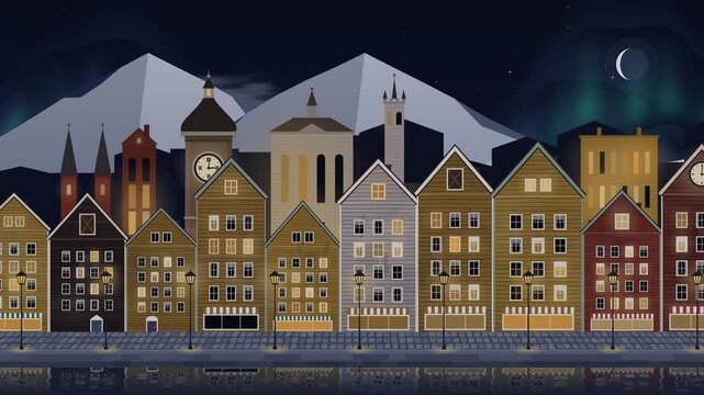 charming European waterfront town loopable day to night time lapse, traditional row houses reflecting serenely on the calm water