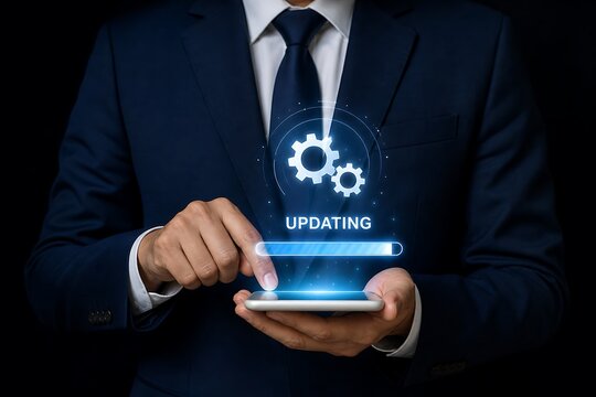 Businessman using smartphone with updating software interface and gear icons