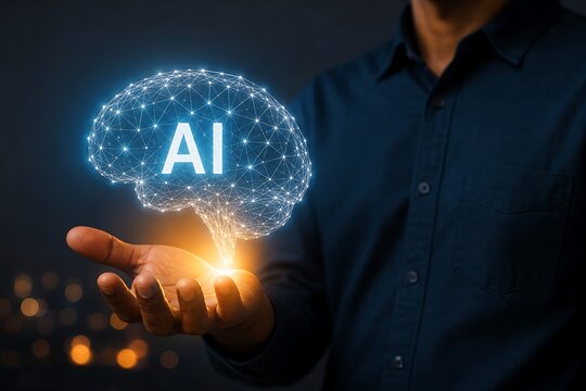 Human hand holding glowing artificial intelligence brain hologram with ai text