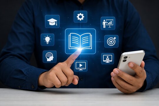 Person using smartphone with digital education icons and open book hologram interface