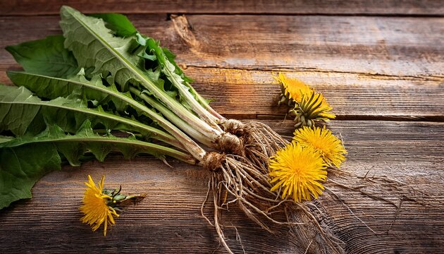 Close Up Of Fresh Dandelion Roots With Attached Green Leaves Lying On A Rustic Weathered Wooden Table Alongside Yellow Flowers